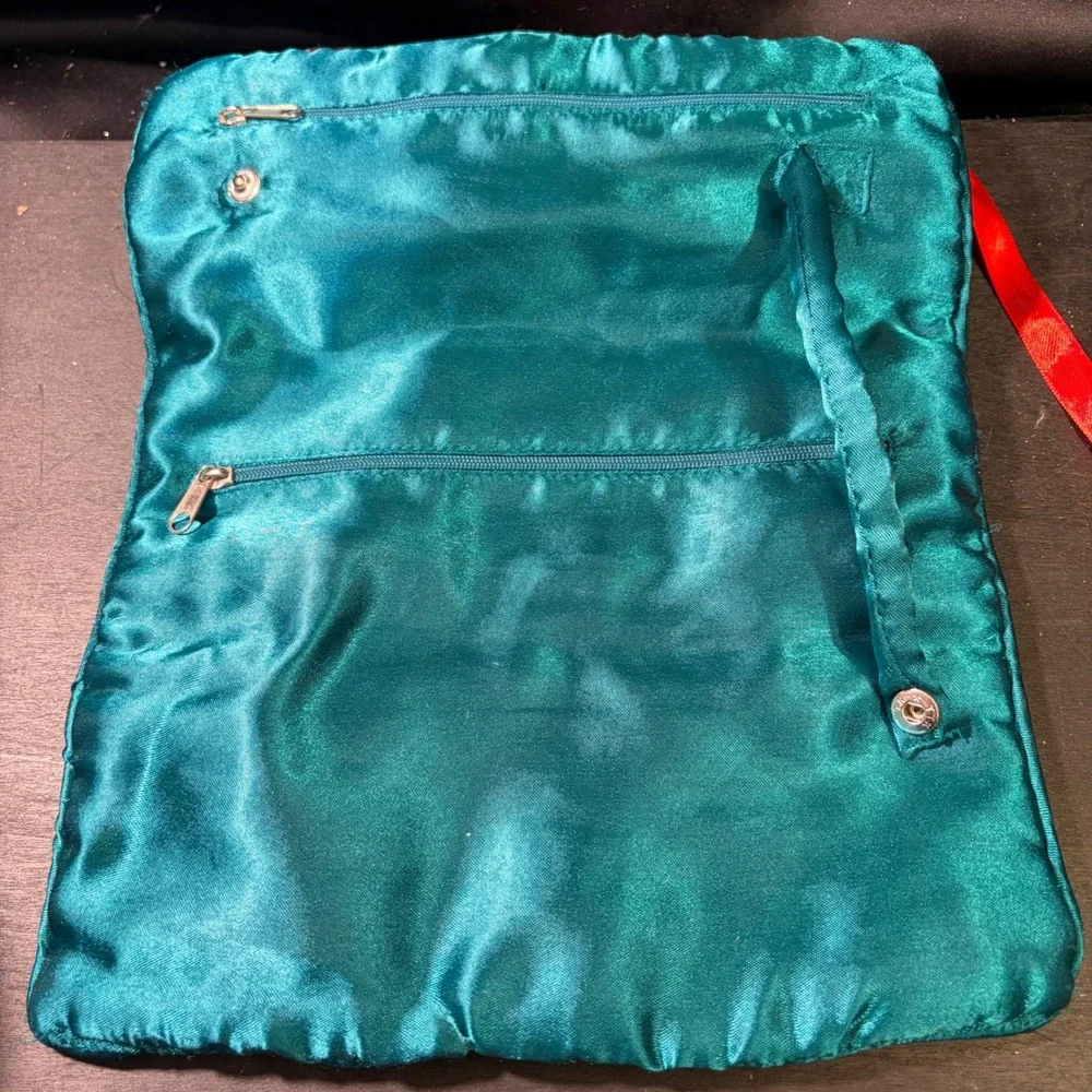 Vintage Brown Velvet Embroidered Floral Jewelry Roll Travel Organizer Case